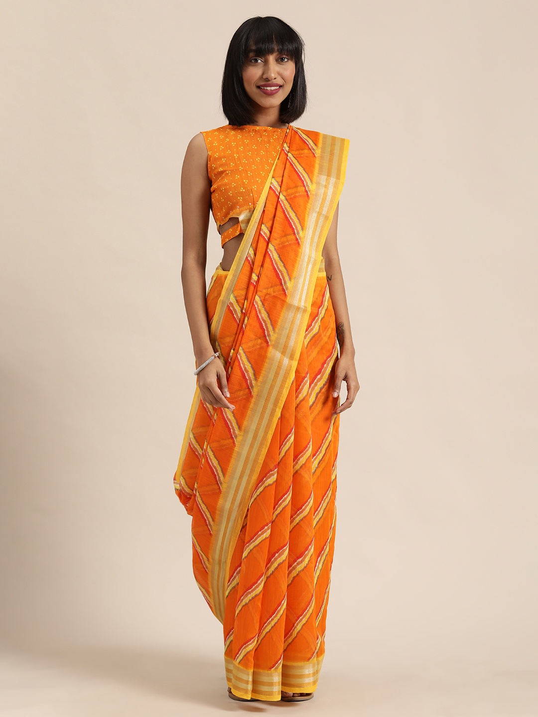 

SHAVYA Yellow & Orange Pure Linen Printed Leheriya Saree