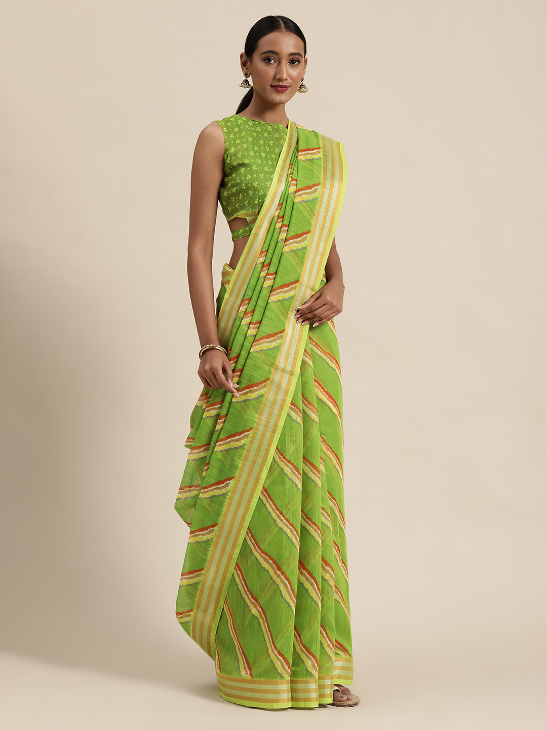 

SHAVYA Fluorescent Green & Red Pure Linen Printed Leheriya Saree