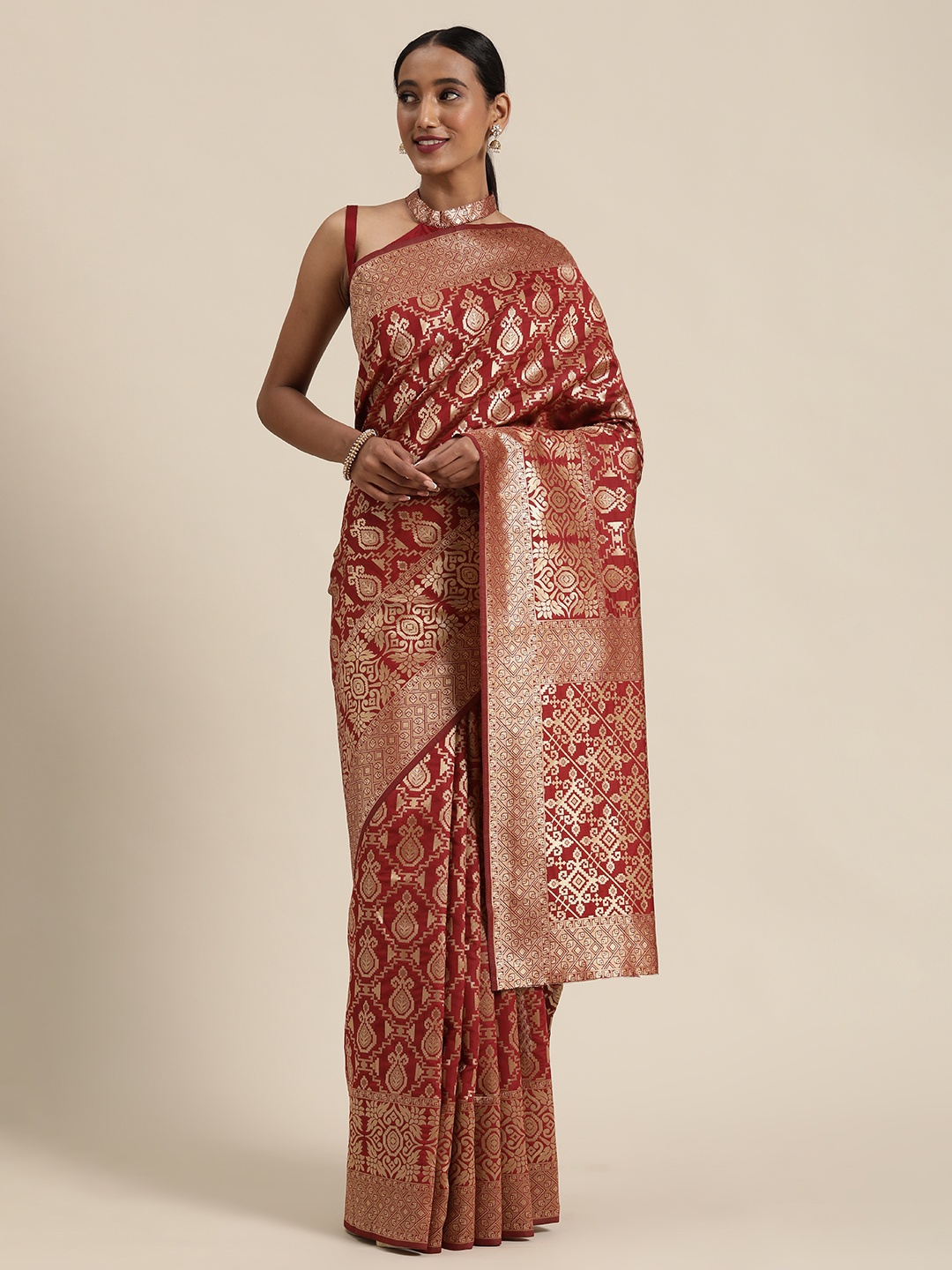 

SHAVYA Maroon & Gold-Toned Pure Silk Woven Design Saree