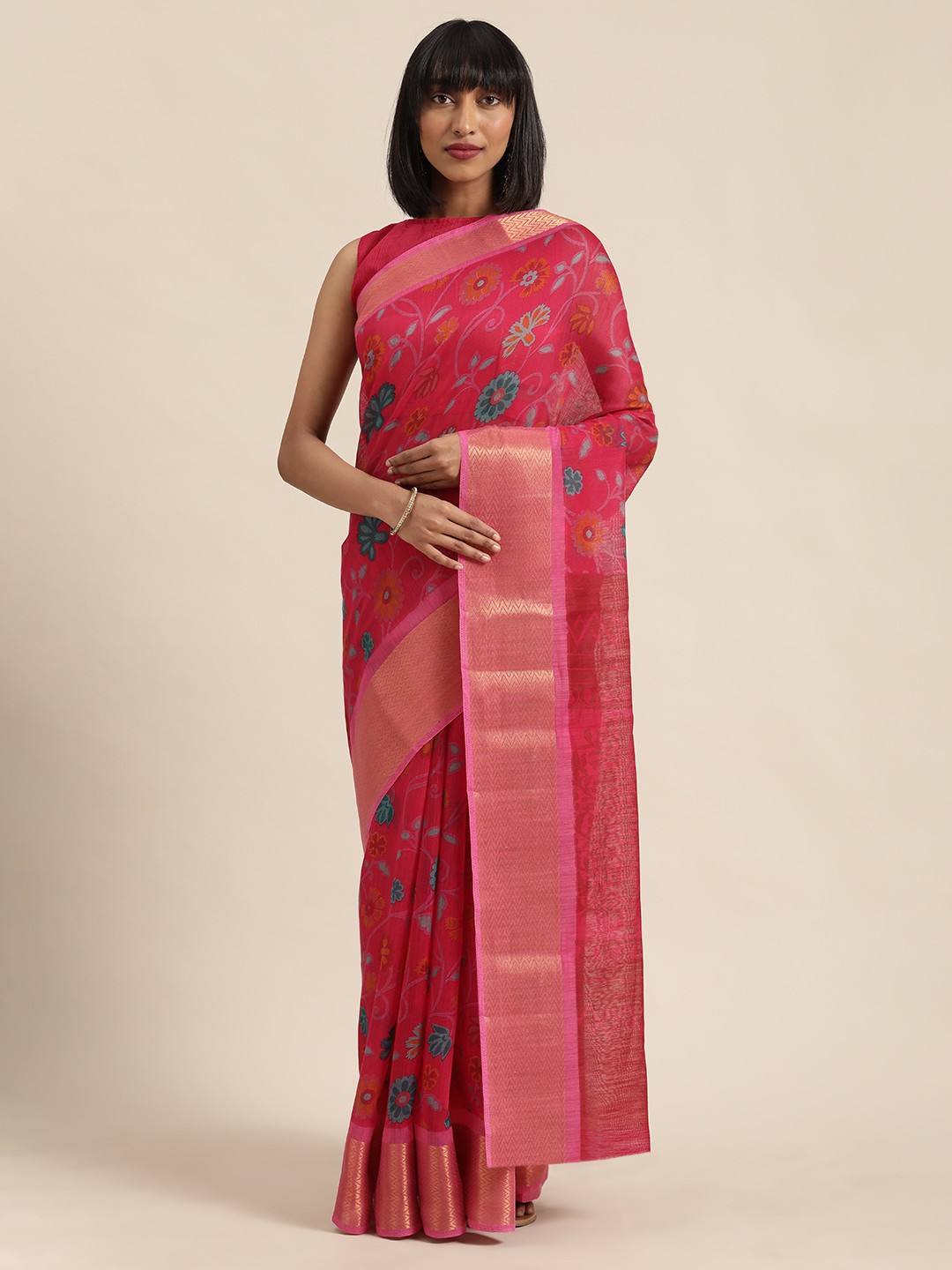 

SHAVYA Pink & Blue Pure Linen Printed Saree