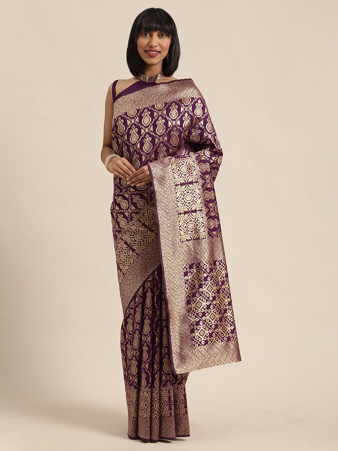 

SHAVYA Purple & Gold-Toned Pure Silk Woven Design Saree