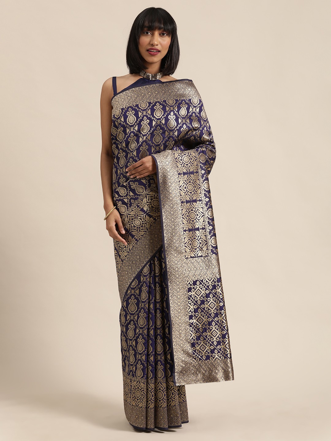 

SHAVYA Navy Blue & Gold-Toned Pure Silk Woven Design Saree
