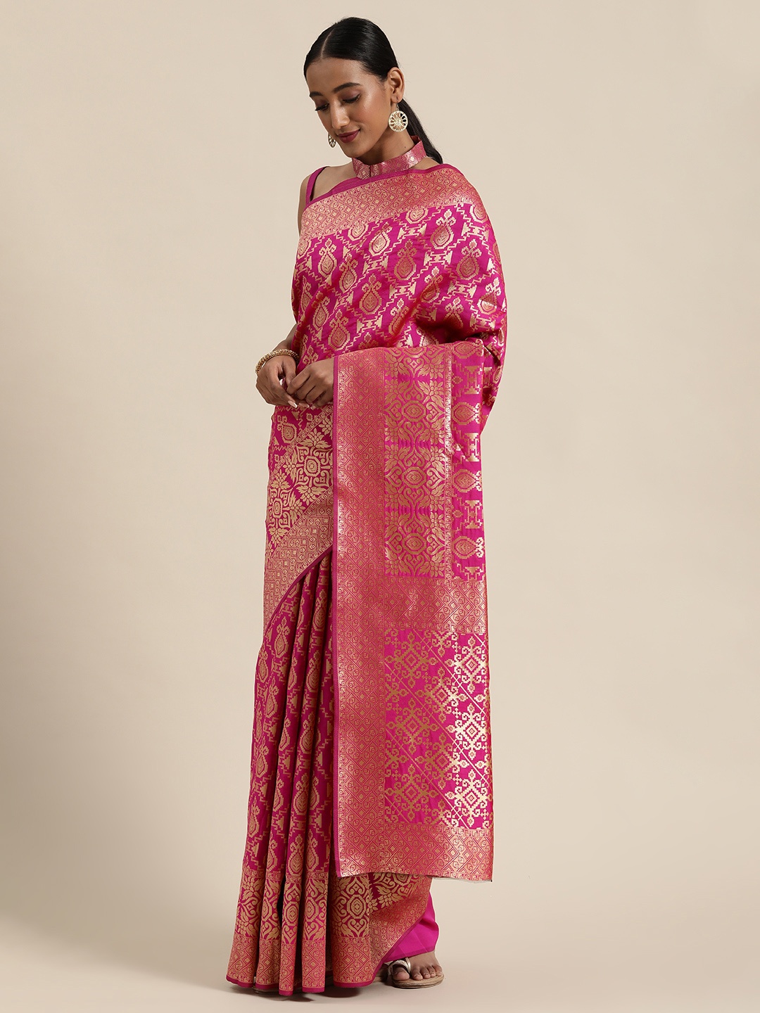 

SHAVYA Fuchsia Pink & Golden Pure Silk Woven Design Saree