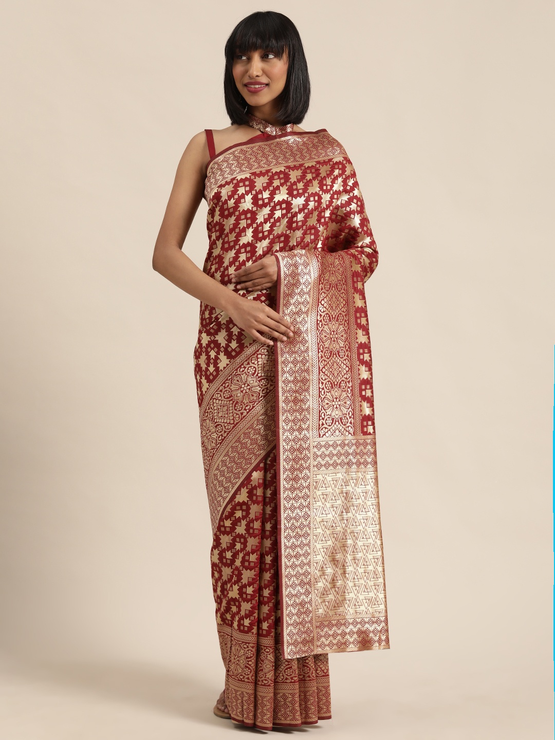 

SHAVYA Maroon & Gold-Toned Pure Silk Woven Design Saree