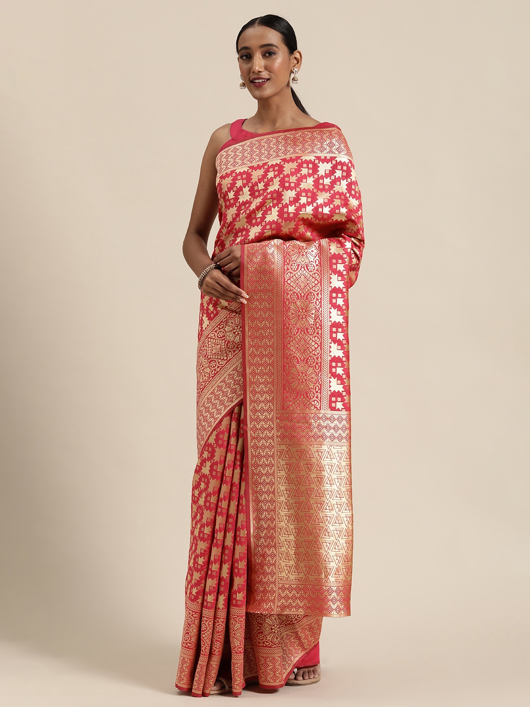 

SHAVYA Pink & Gold-Toned Pure Silk Woven Design Saree