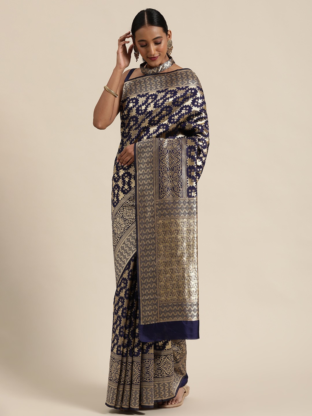 

SHAVYA Navy Blue & Gold-Toned Pure Silk Woven Design Saree
