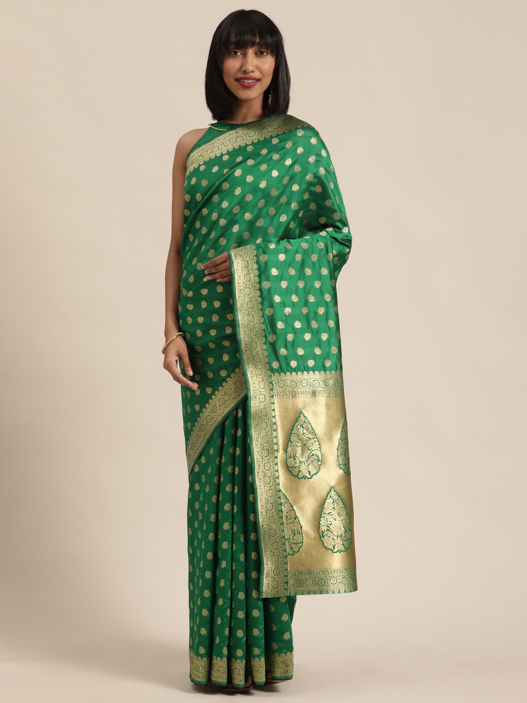 

SHAVYA Green & Gold-Toned Pure Silk Woven Design Saree