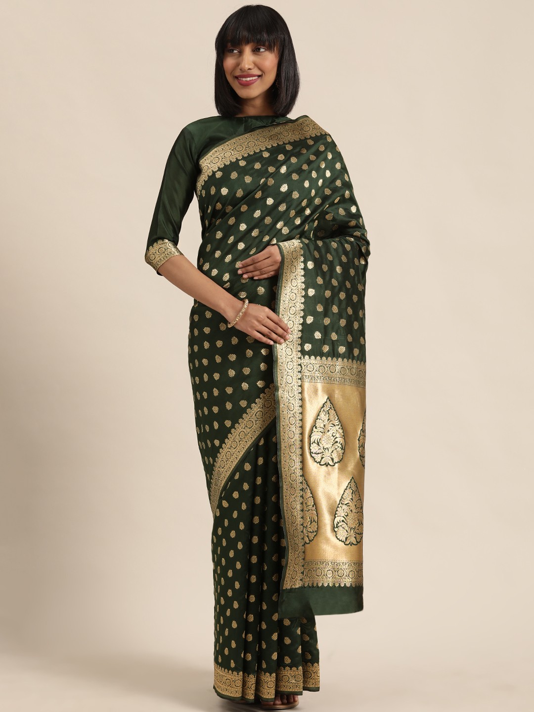 

SHAVYA Olive Green & Gold-Toned Pure Silk Woven Design Saree