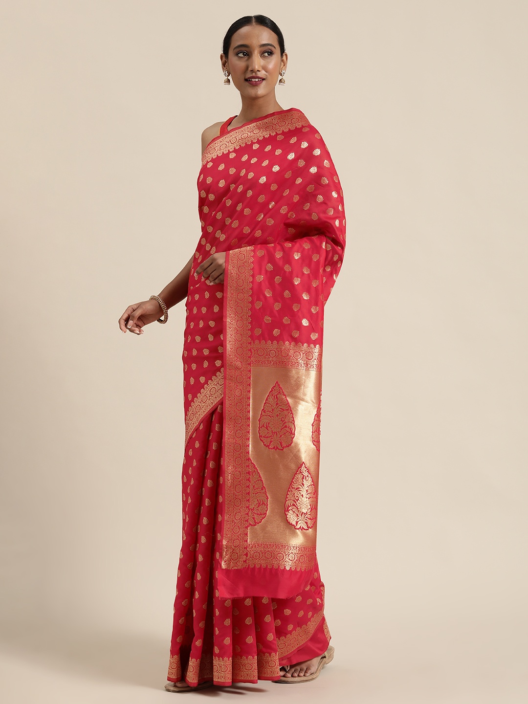 

SHAVYA Red & Gold-Toned Pure Silk Woven Design Saree