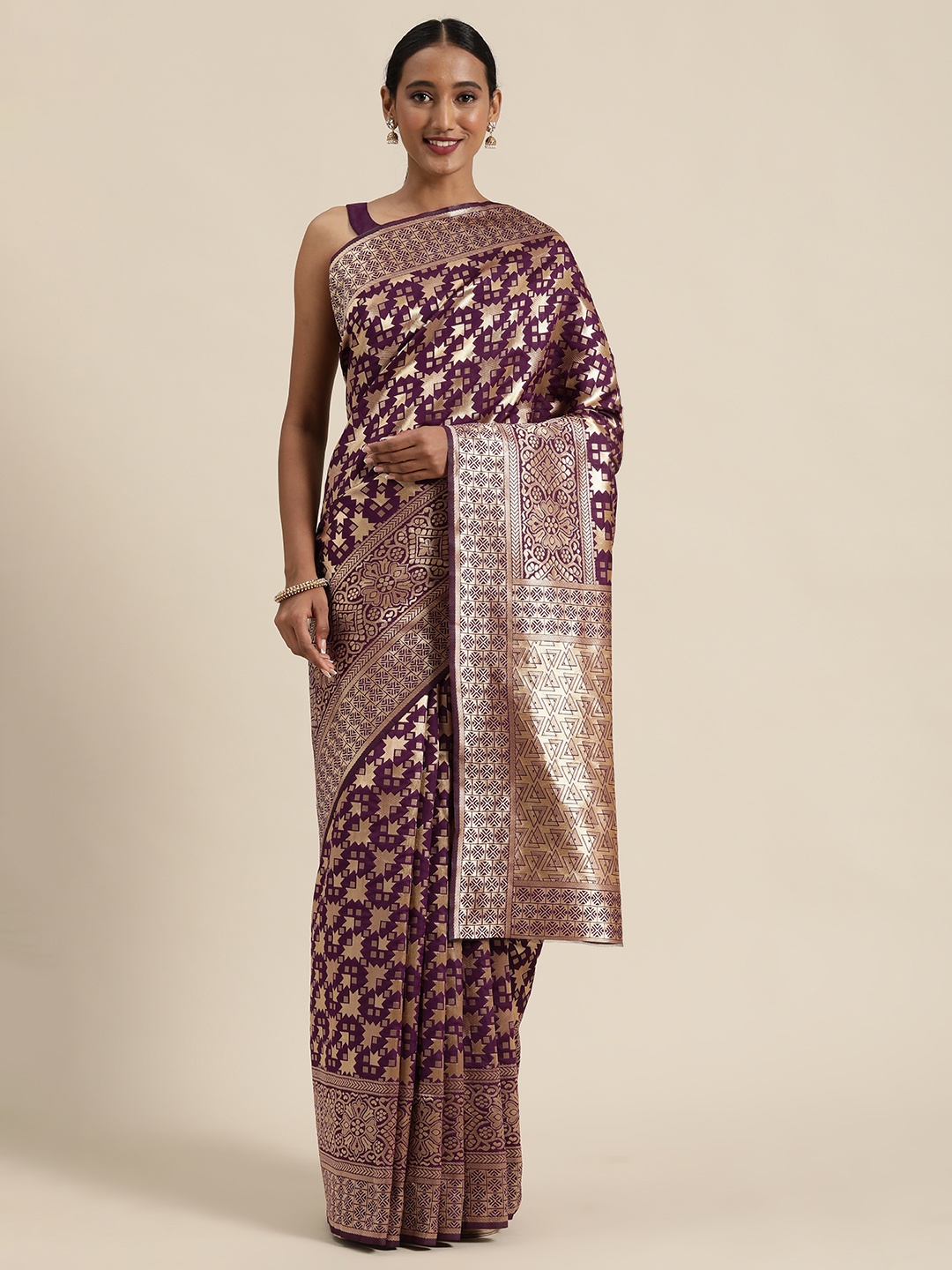 

SHAVYA Purple & Gold-Toned Pure Silk Woven Design Saree