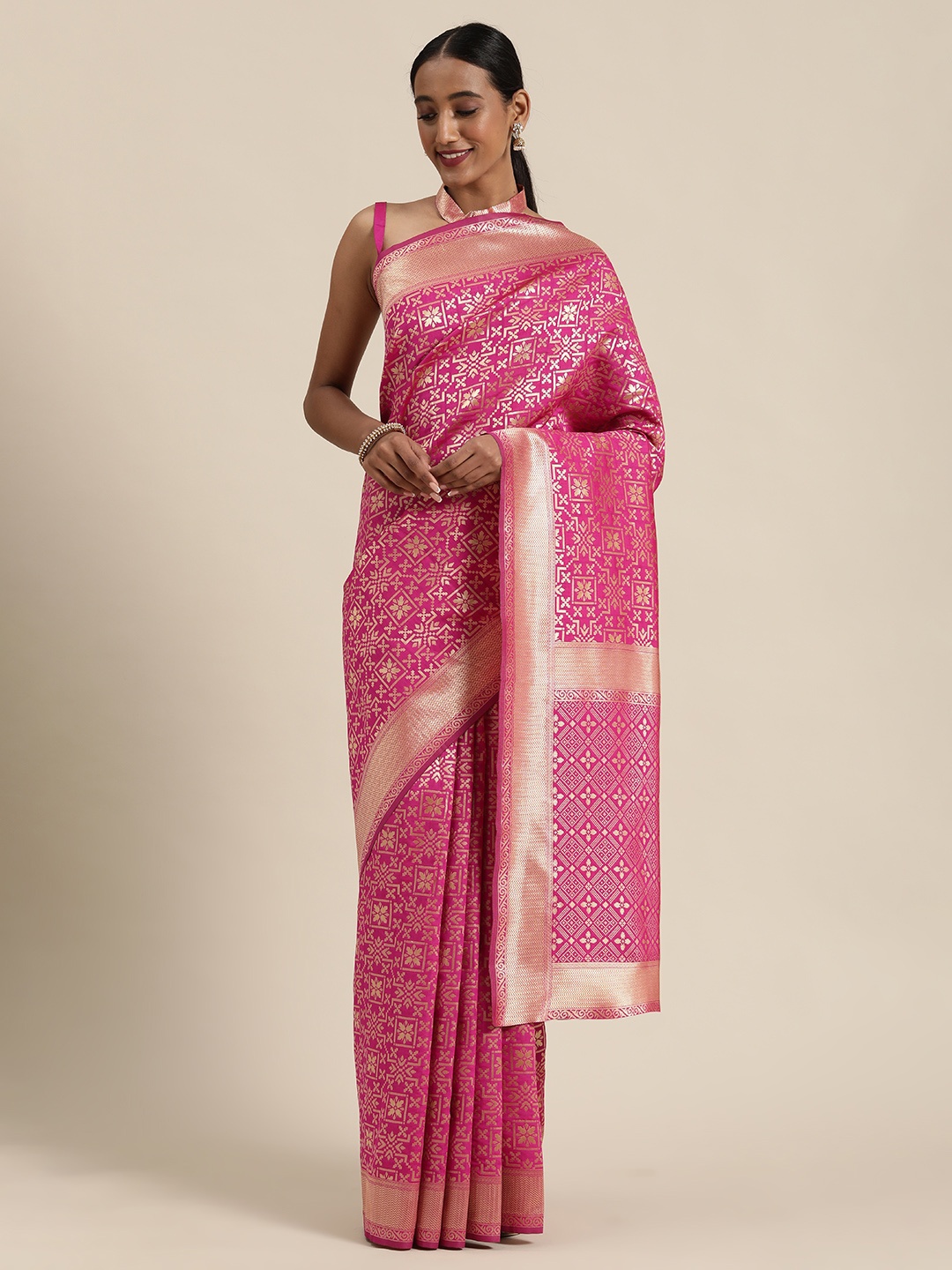 

SHAVYA Fuchsia & Gold-Toned Pure Silk Woven Design Saree