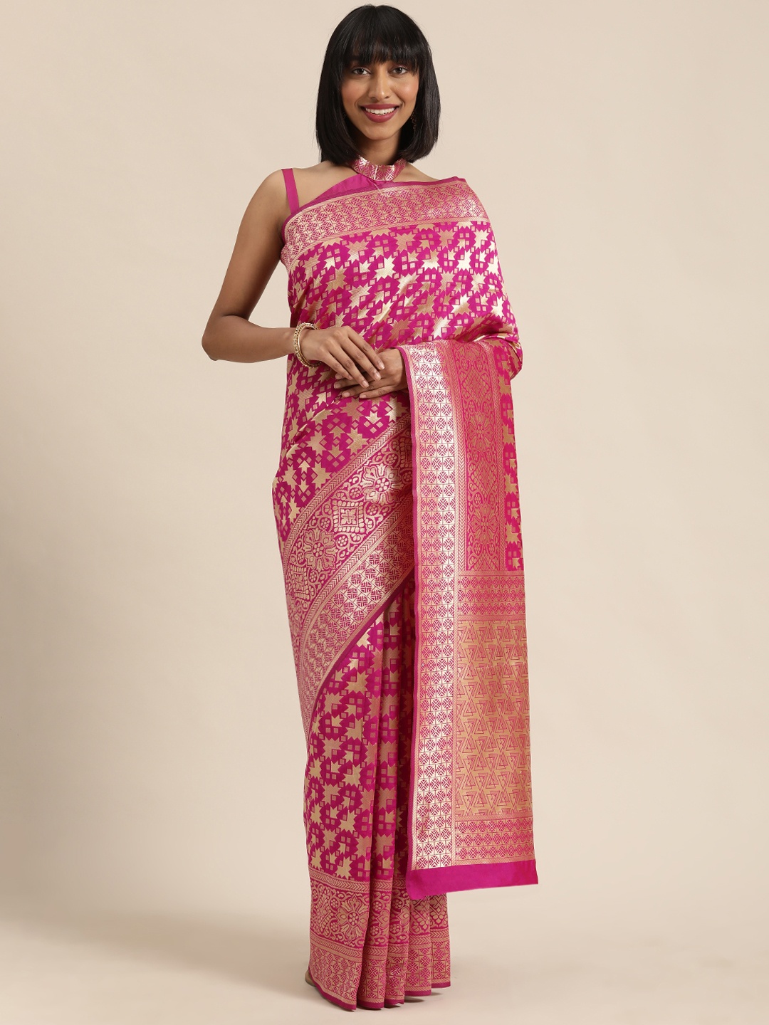 

SHAVYA Fuchsia Pink & Gold-Toned Pure Silk Woven Design Saree