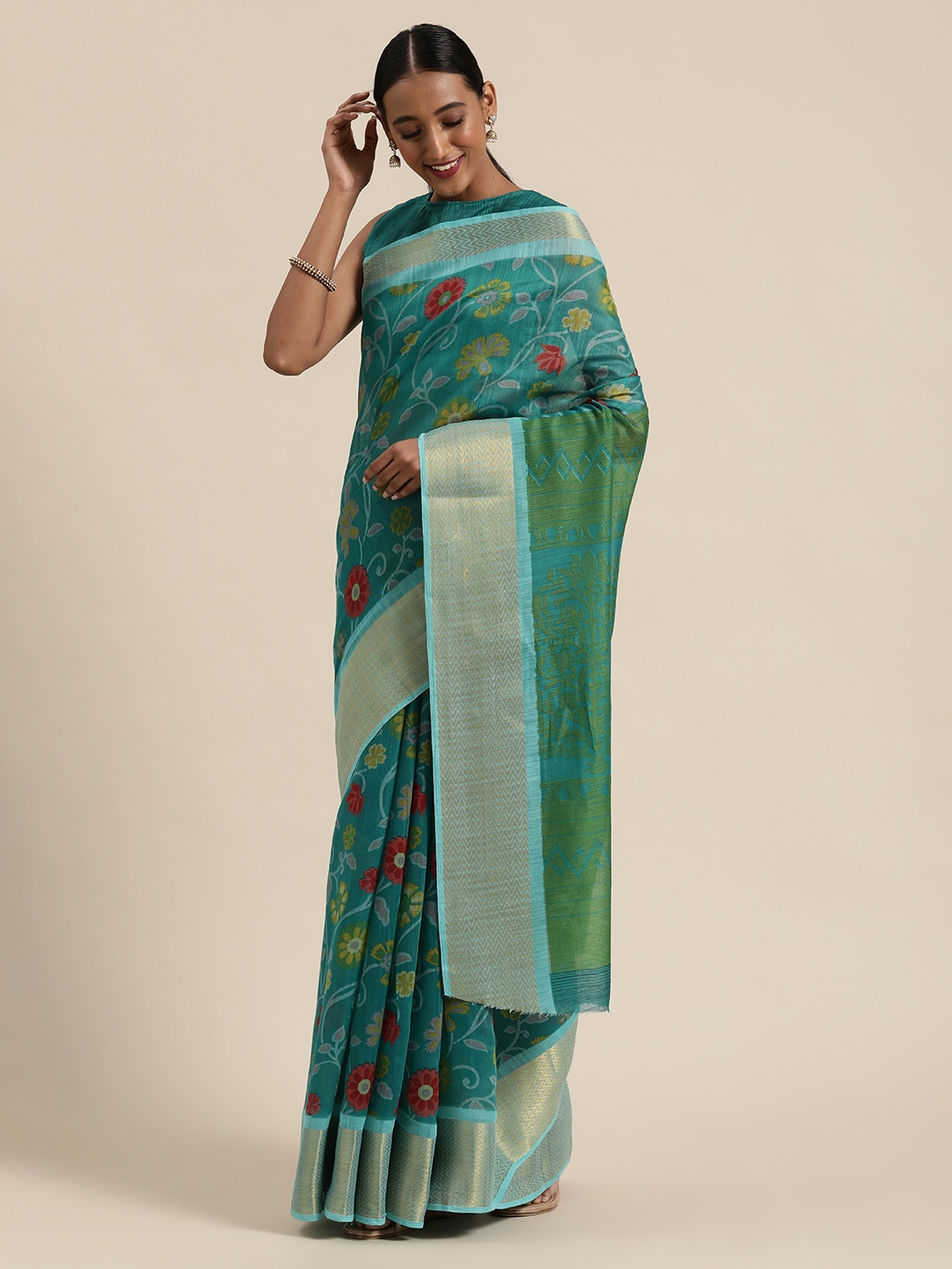 

SHAVYA Turquoise Blue Printed Pure Linen Saree