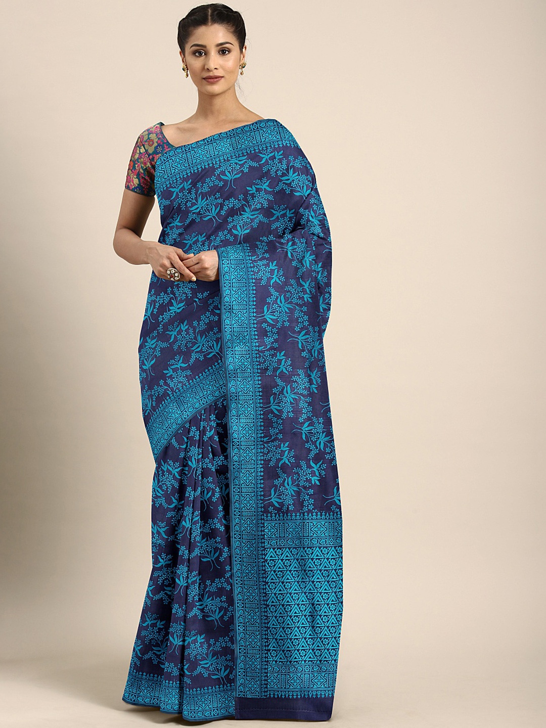 

Mitera Navy Blue Printed Saree
