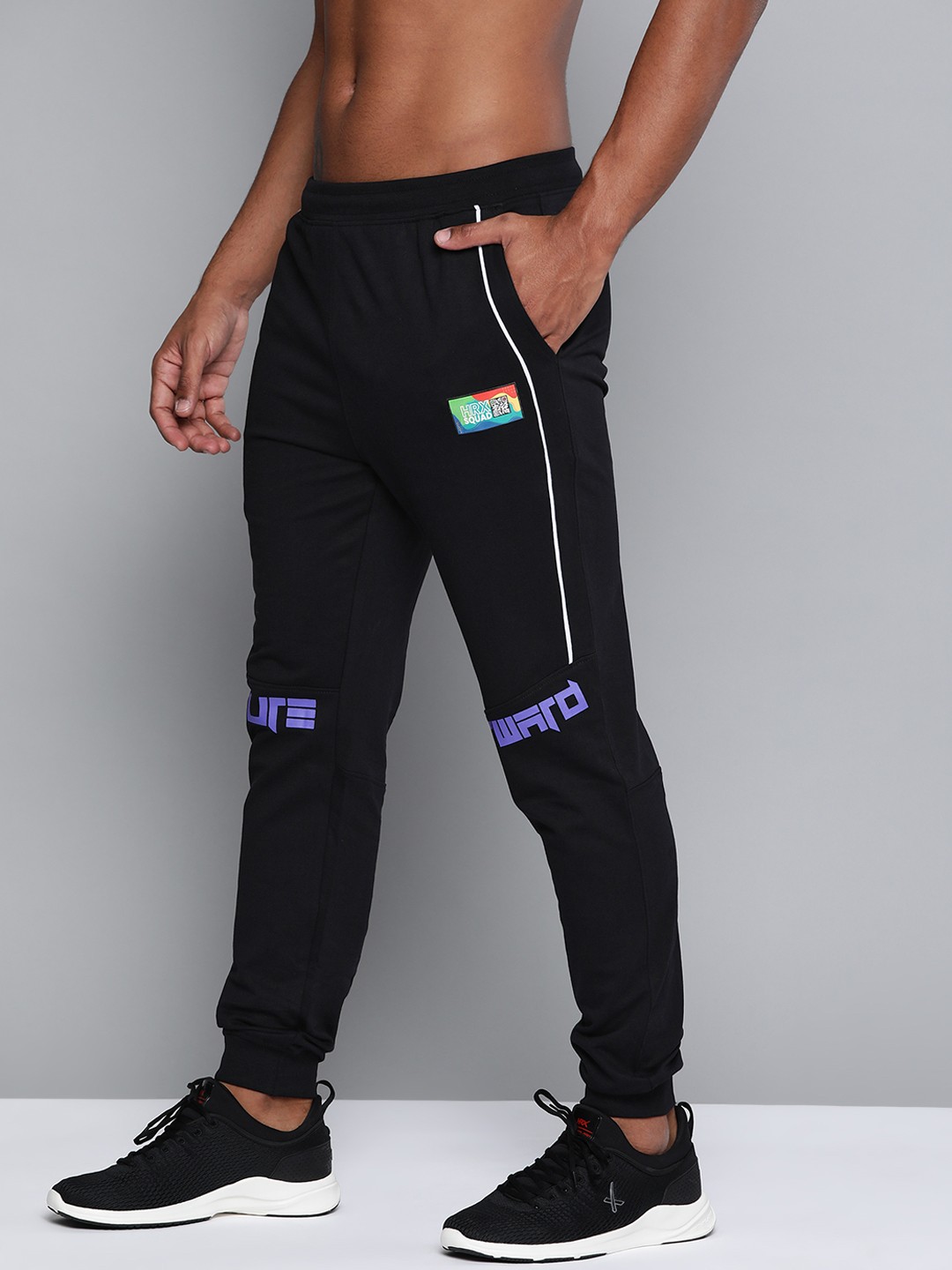 

HRX By Hrithik Roshan Men Jet Black Typographic Slim Fit Bio-Wash Lifestyle Joggers
