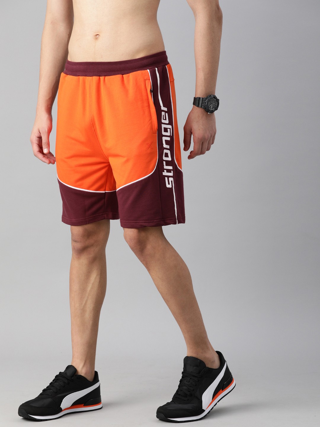 

HRX By Hrithik Roshan Men Orange & Fig Colourblock Bio-Wash Gold Finish Lifestyle Shorts