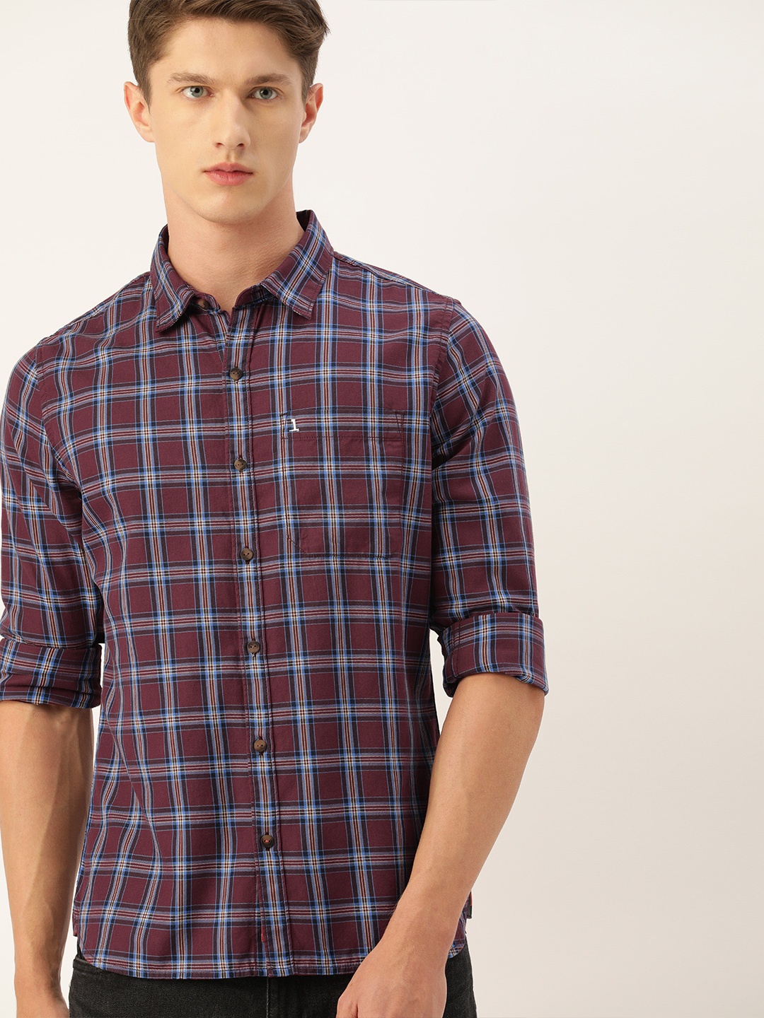 

SINGLE Men Burgundy & Blue Slim Fit Checked Casual Shirt