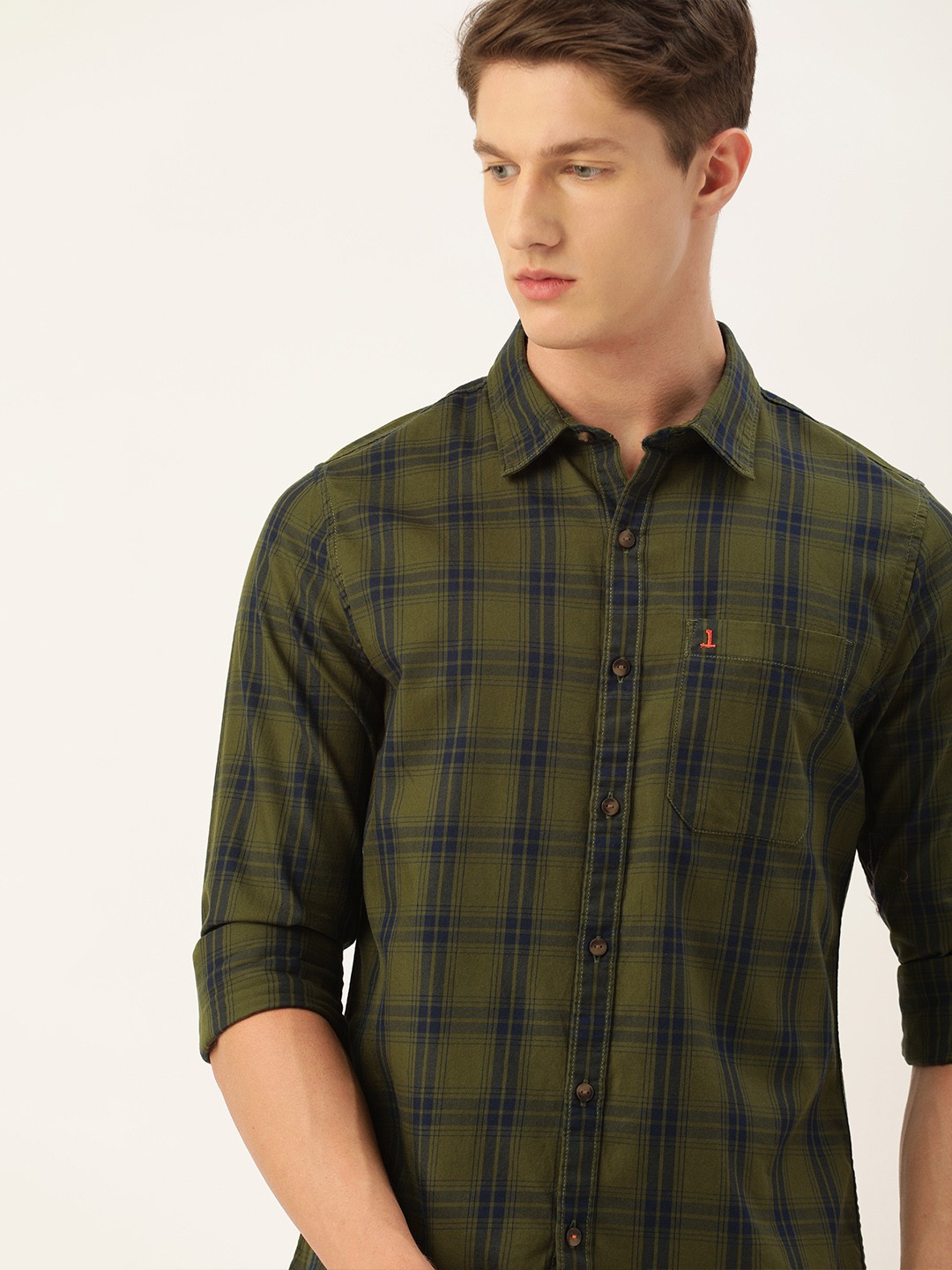 

SINGLE Men Olive Green & Navy Blue Slim Fit Checked Casual Shirt