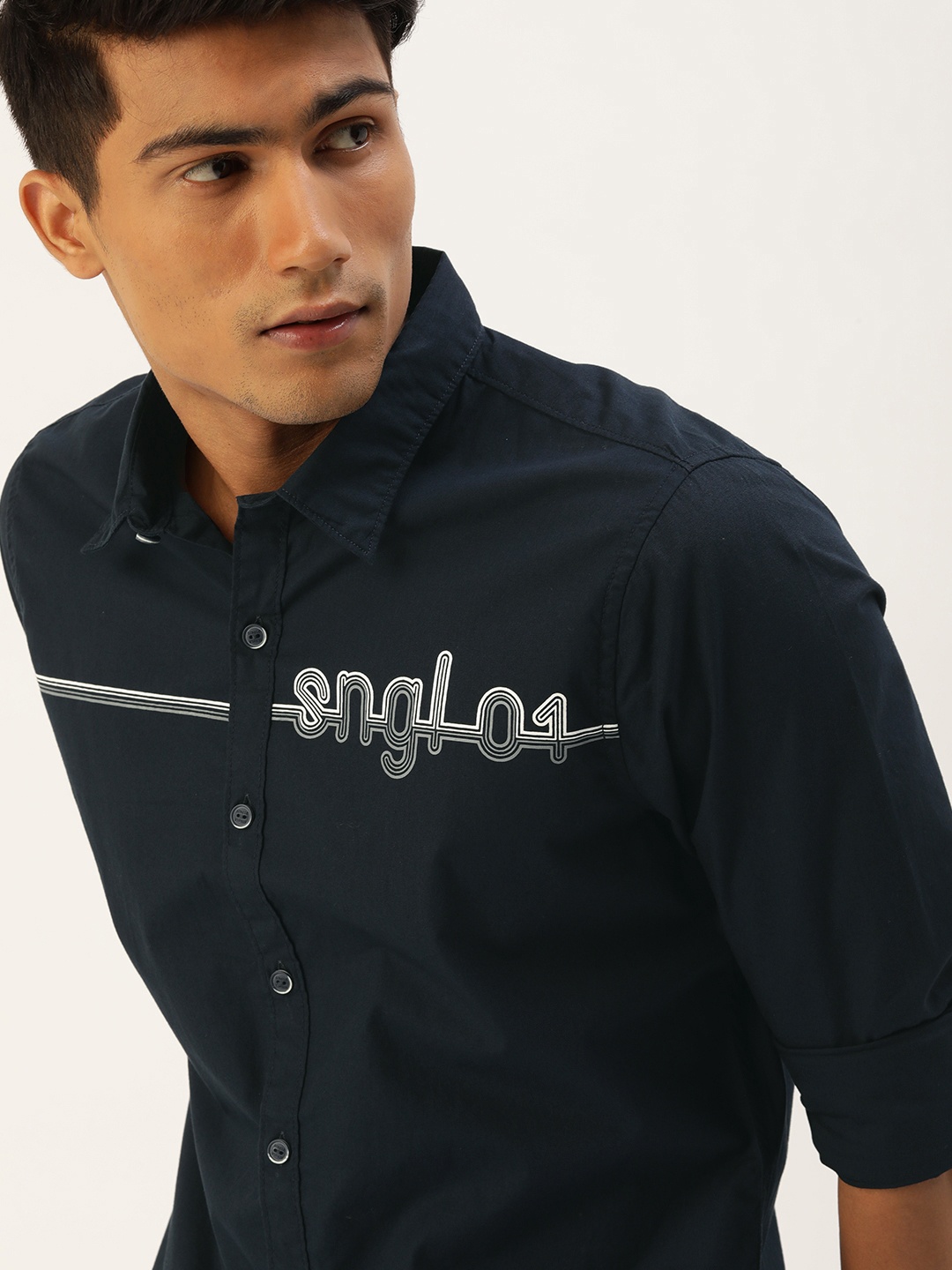 

SINGLE Men Navy Blue Slim Fit Cotton Casual Shirt