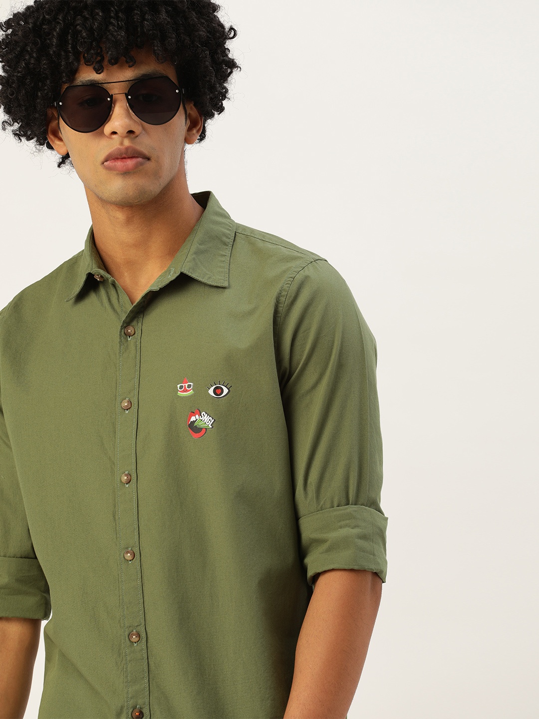 

SINGLE Men Olive Green Slim Fit Solid Casual Shirt