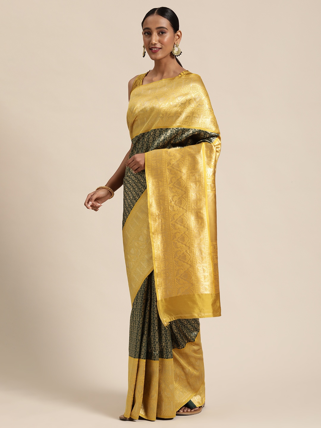 

Mitera Golden & Mustard Silk Blend Woven Design Kanjeevaram Saree, Gold