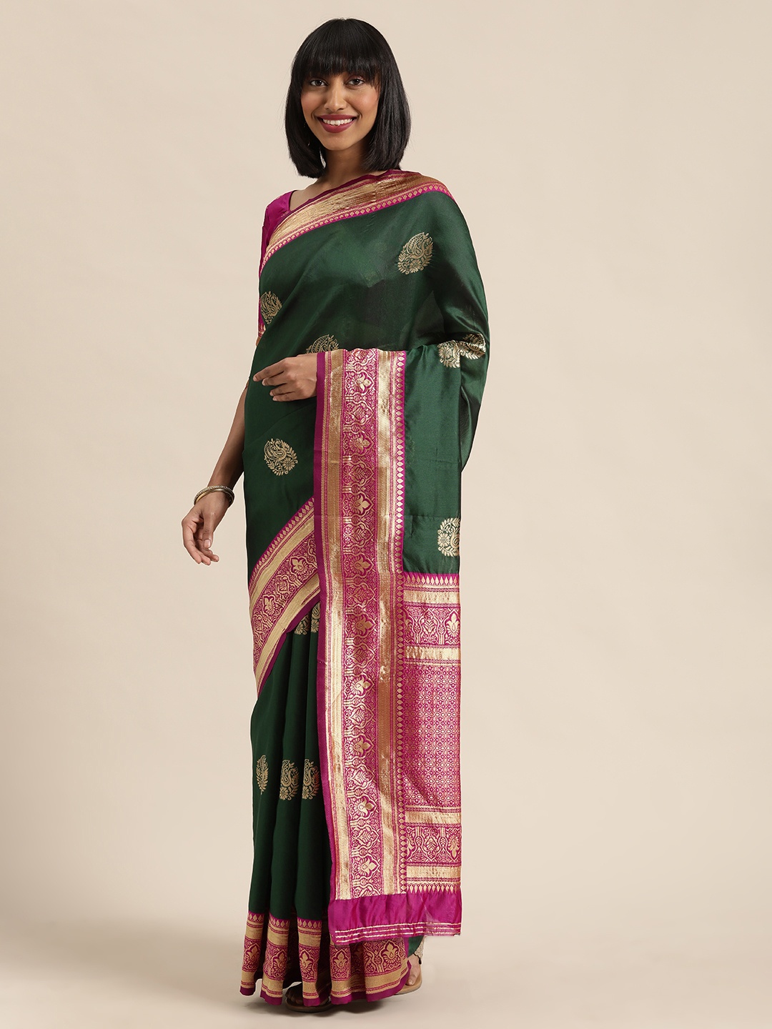 

Mitera Green & Pink Woven Design Kanjeevaram Saree