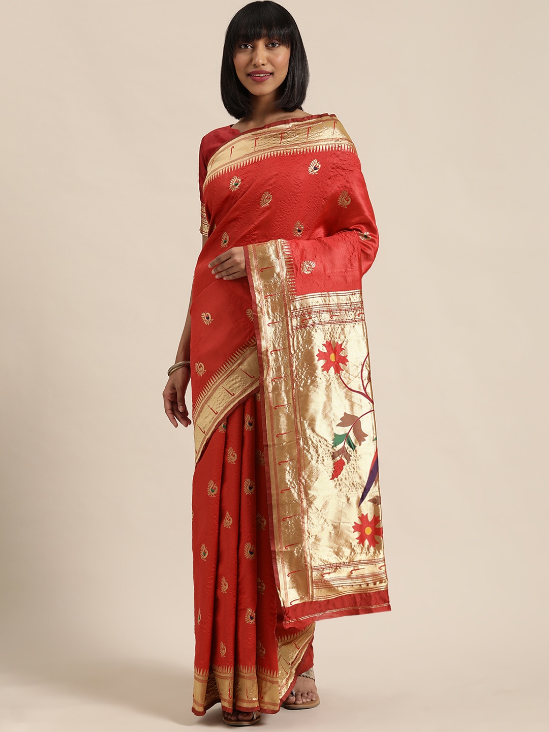 

Mitera Red & Golden Silk Blend Woven Design Kanjeevaram Saree