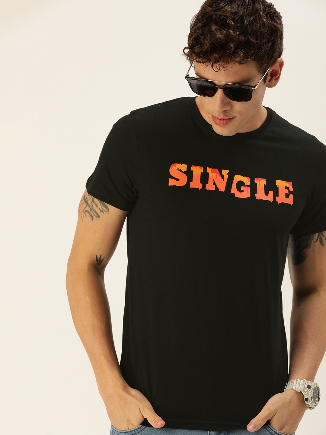 

SINGLE Men Black Slim Fit Printed Round Neck Pure Cotton T-shirt