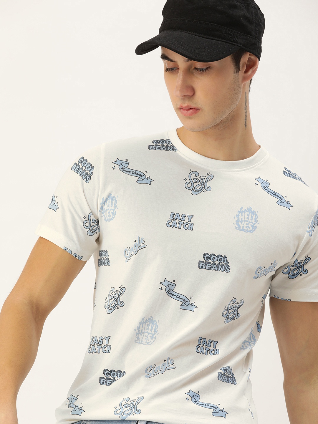 

SINGLE Men White & Blue Typography Printed T-shirt