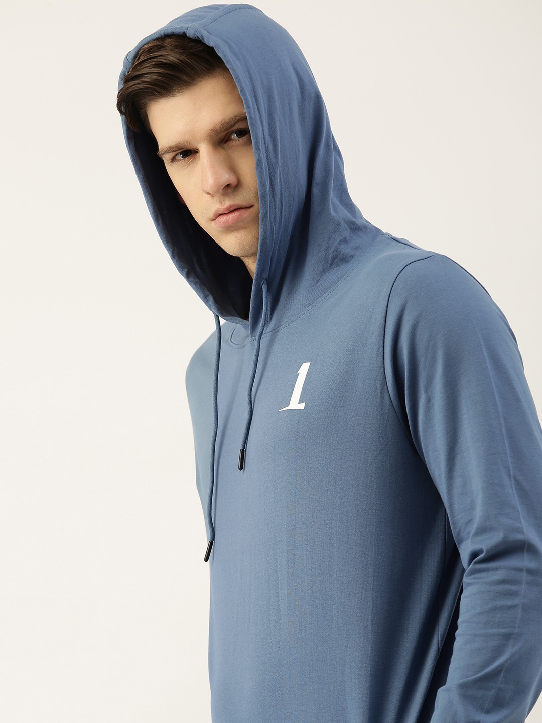 

SINGLE Men Blue Typography Printed Hooded Pure Cotton T-shirt