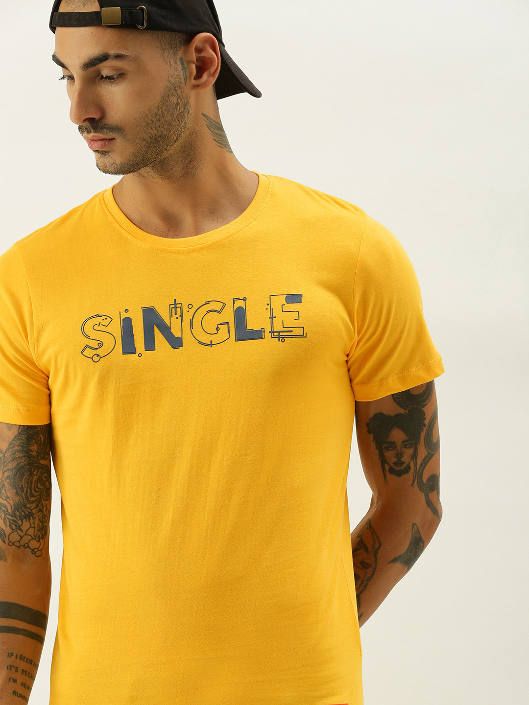 

SINGLE Men Mustard Yellow Brand Logo Printed Pure Cotton T-shirt