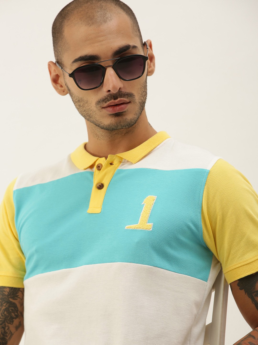 

SINGLE Men White Blue Colourblocked Polo Collar Slim Fit Pure Cotton T-shirt