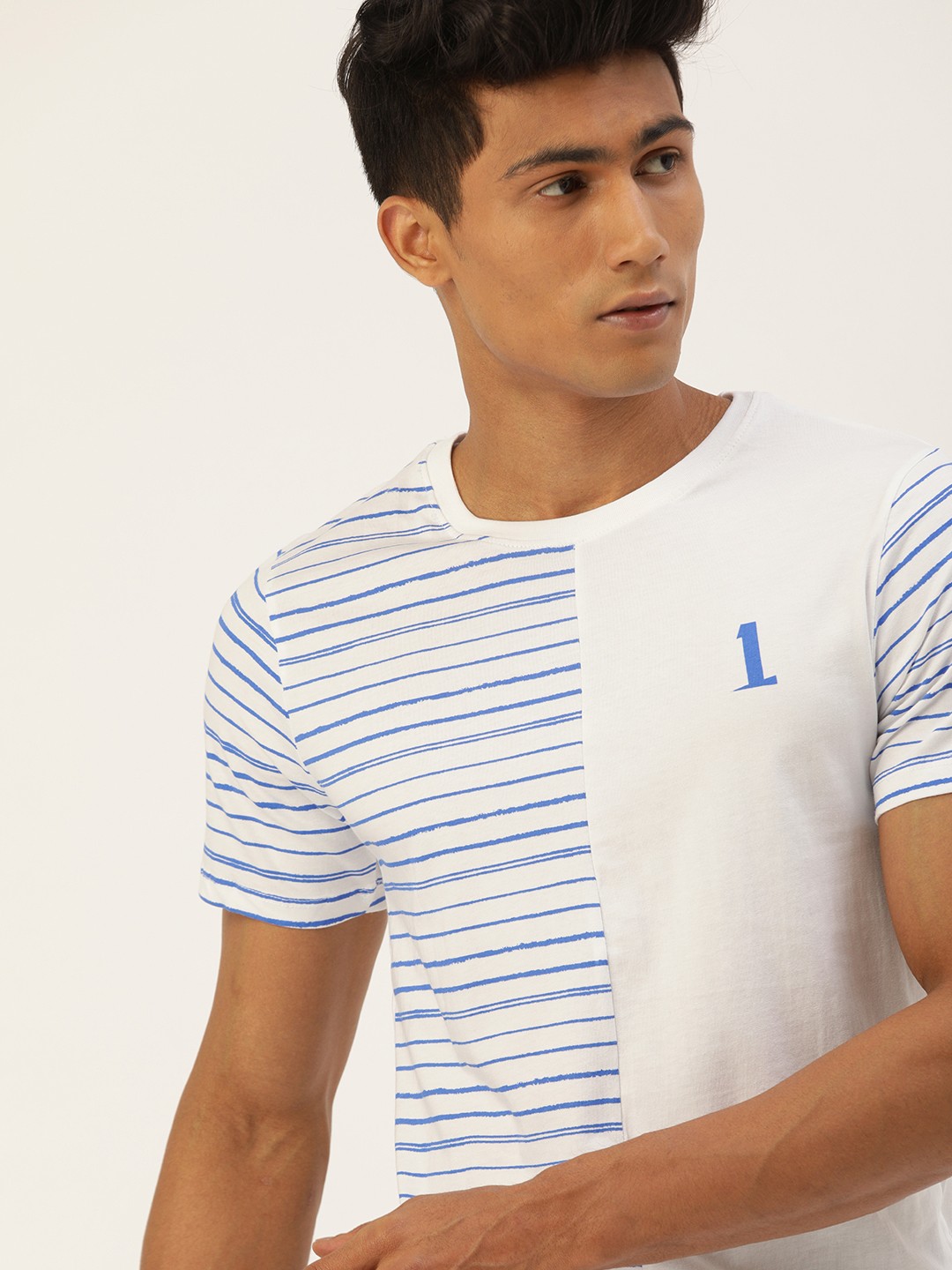 

SINGLE Men White Blue Striped Slim Fit Pure Cotton Casual Pure Cotton T-shirt