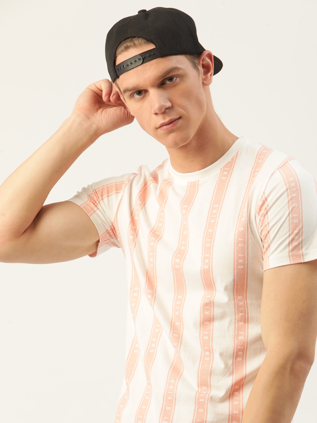 

SINGLE Men White & Peach-Coloured Pure Cotton Striped Round Neck T-shirt