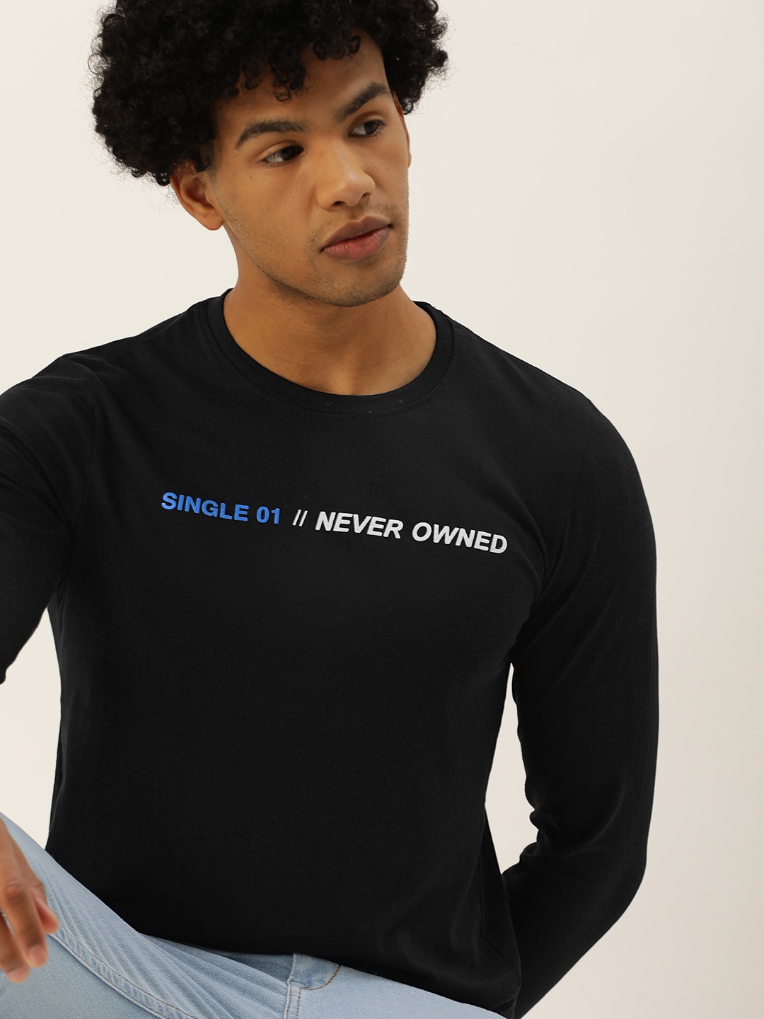 

SINGLE Men Black T-shirt with Printed Detailing
