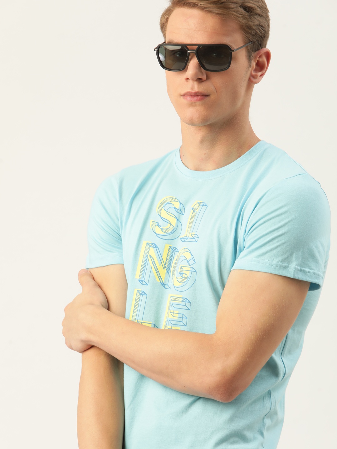 

SINGLE Men Blue & Yellow Pure Cotton Brand Logo Printed Round Neck T-shirt