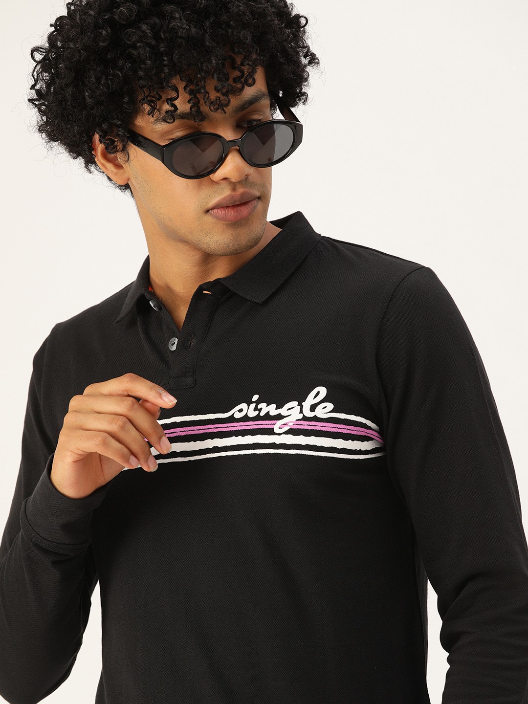 

SINGLE Men Black Cotton Striped Polo Collar Slim Fit T-shirt