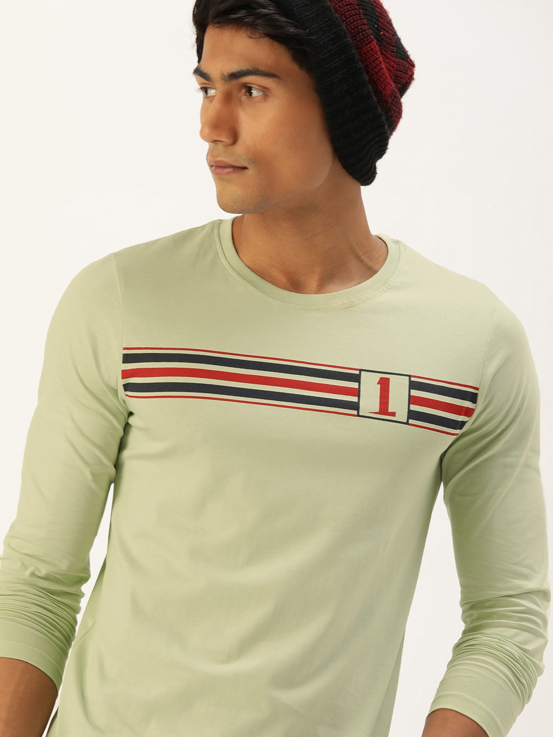 

SINGLE Men Mint Green Red Pure Cotton Striped Pure Cotton T-shirt