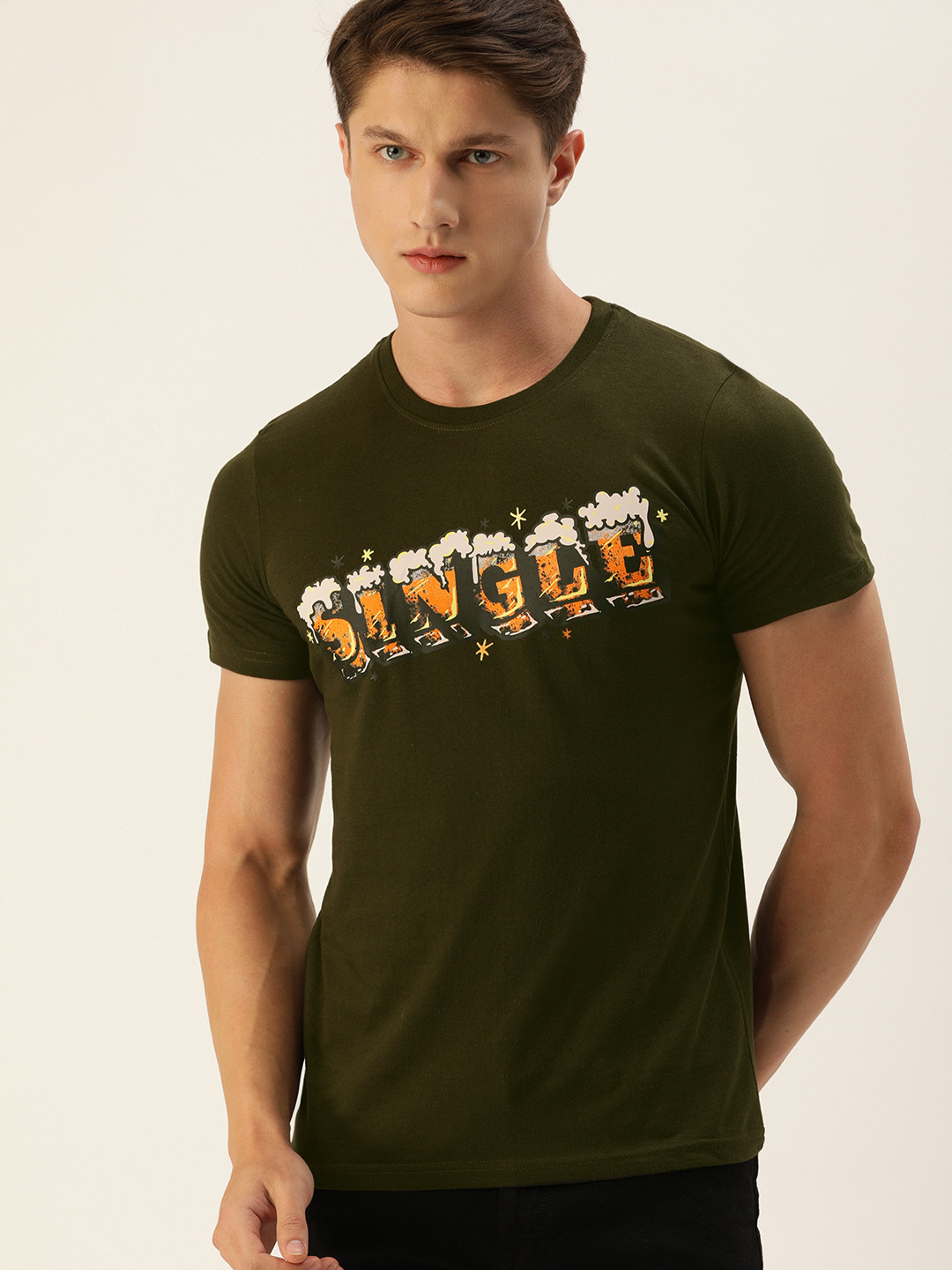 

SINGLE Men Olive Green Slim Fit Printed Round Neck Pure Cotton T-shirt