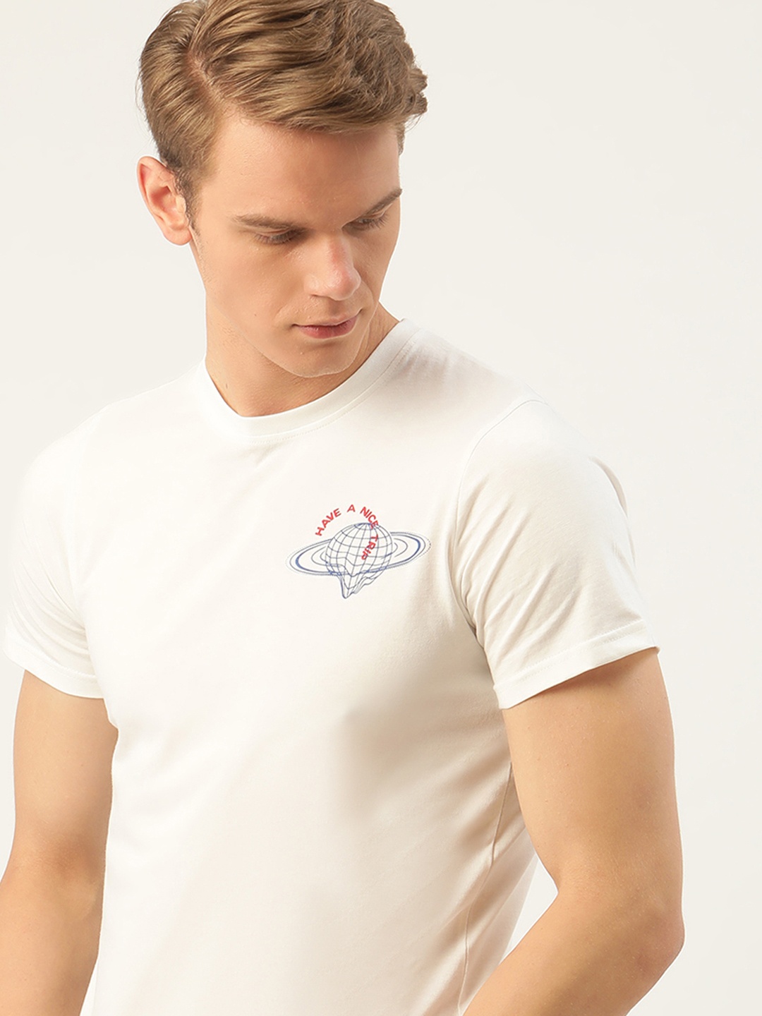 

SINGLE Men Off-White Printed Pure Cotton Round Neck T-shirt