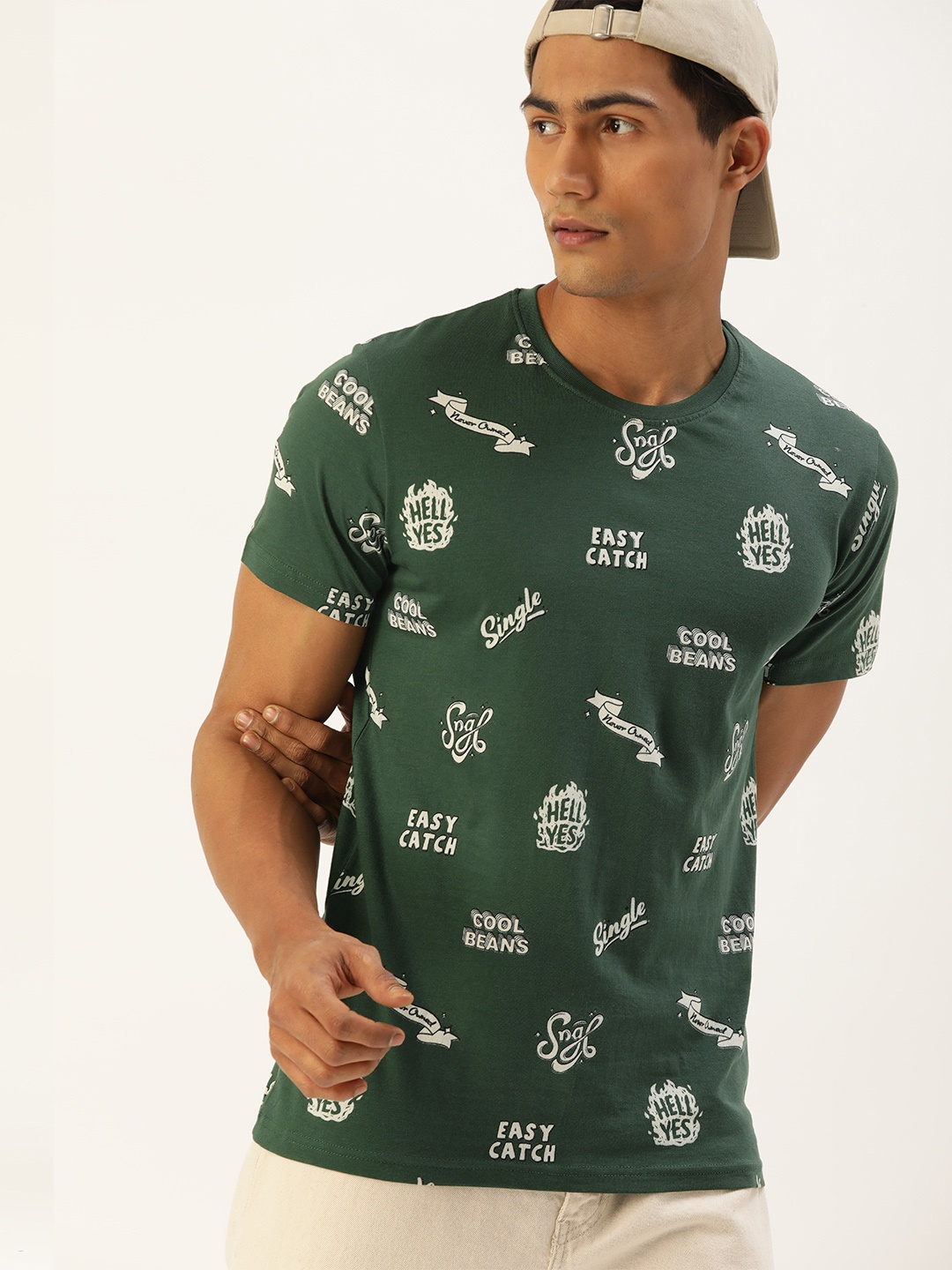 

SINGLE Men Olive Green & White Conversational Print Slim Fit Cotton T-shirt