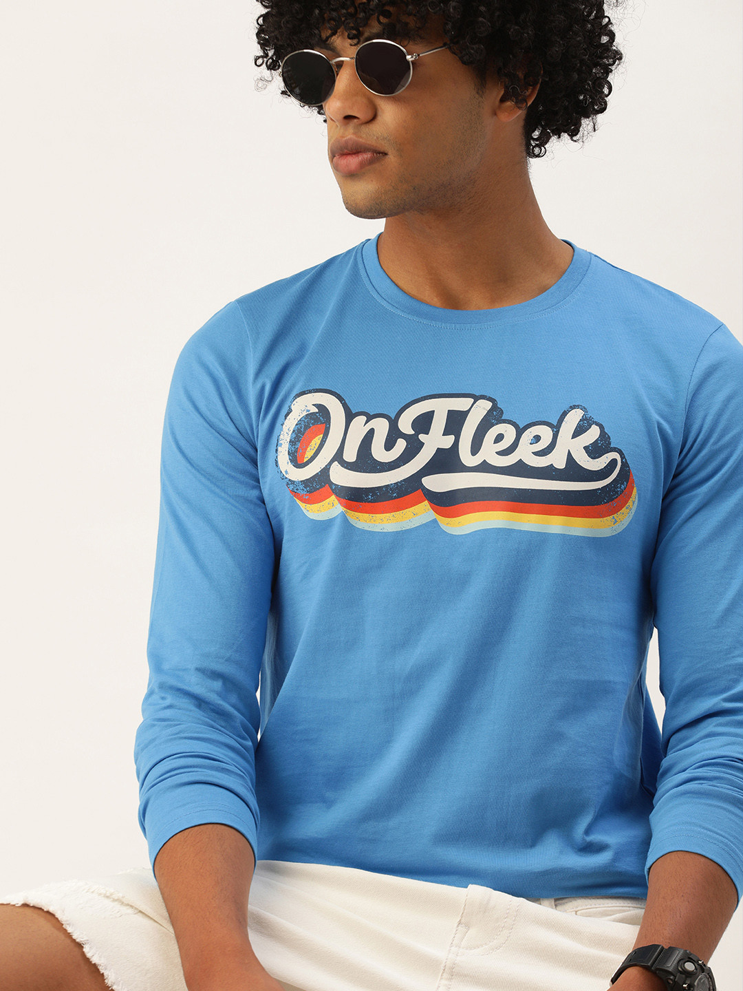 

SINGLE Men Blue Printed Slim Fit Round Neck Pure Cotton T-shirt
