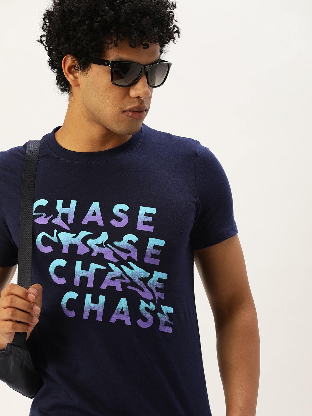 

SINGLE Men Blue Typography Printed Slim Fit Cotton Pure Cotton T-shirt