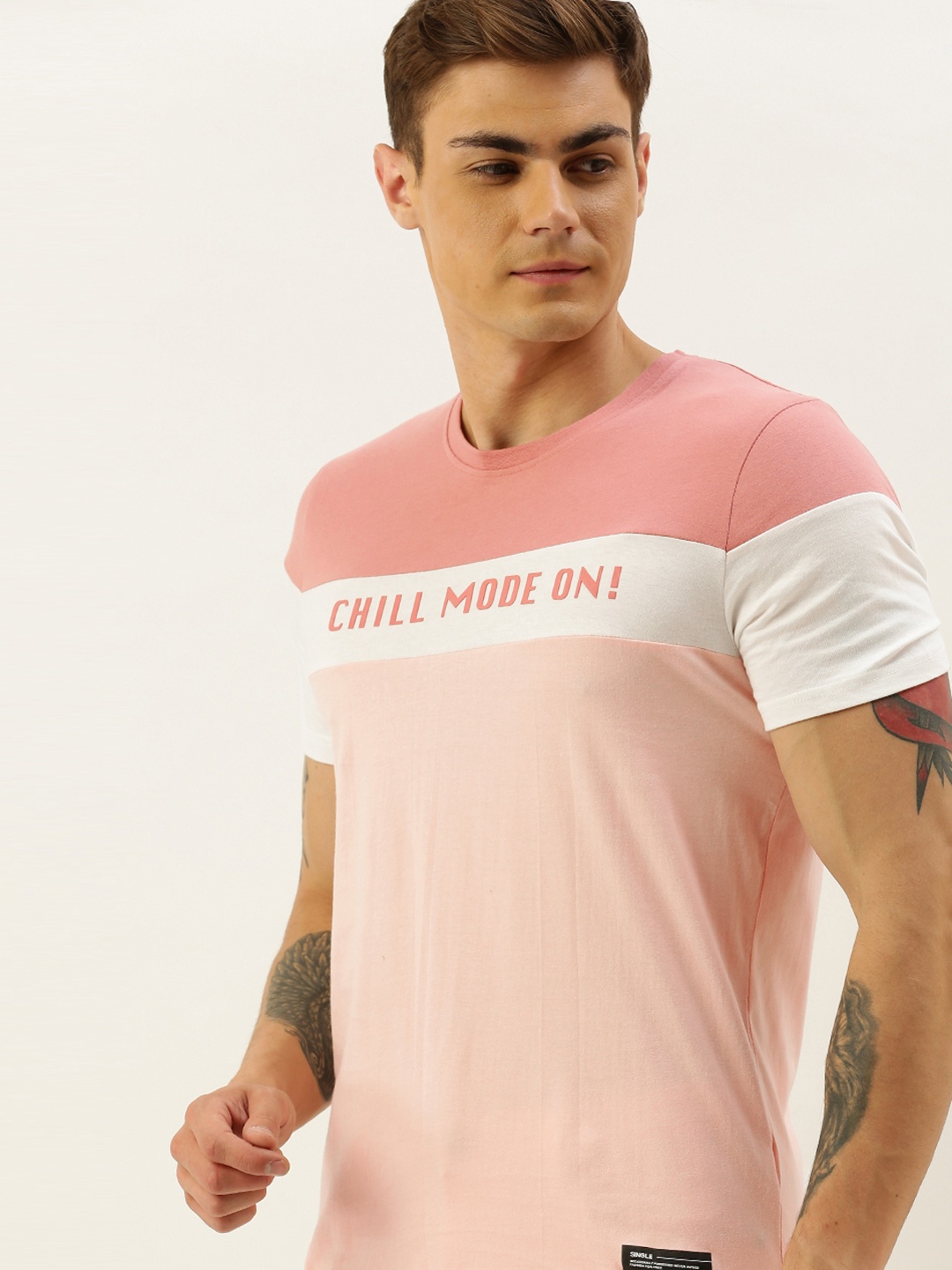 

SINGLE Men Peach-Coloured Colourblocked Round Neck Pure Cotton T-shirt