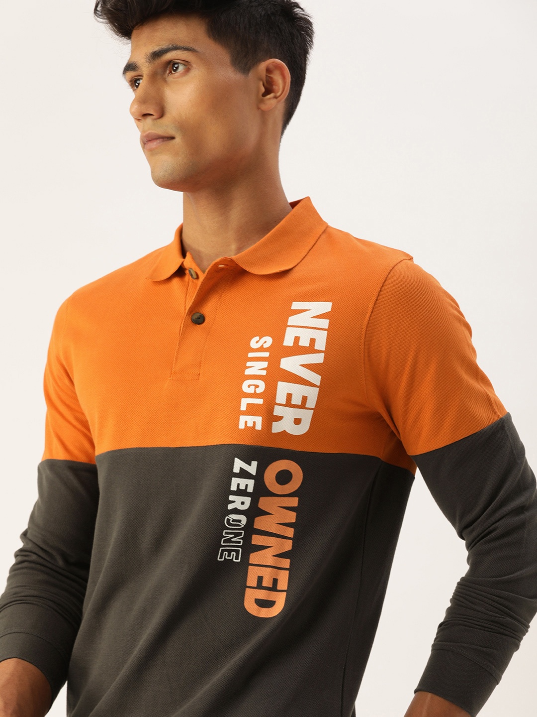

SINGLE Men Rust Orange Charcoal Grey Colourblocked Polo Collar Slim Fit Pure Cotton T-shirt