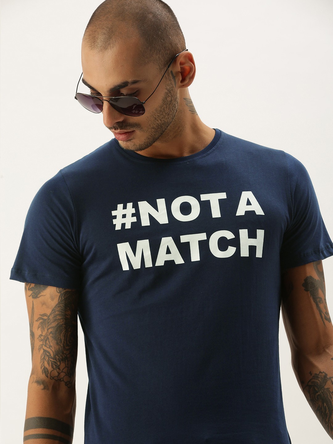

SINGLE Men Navy Blue Typography Printed Pure Cotton T-shirt