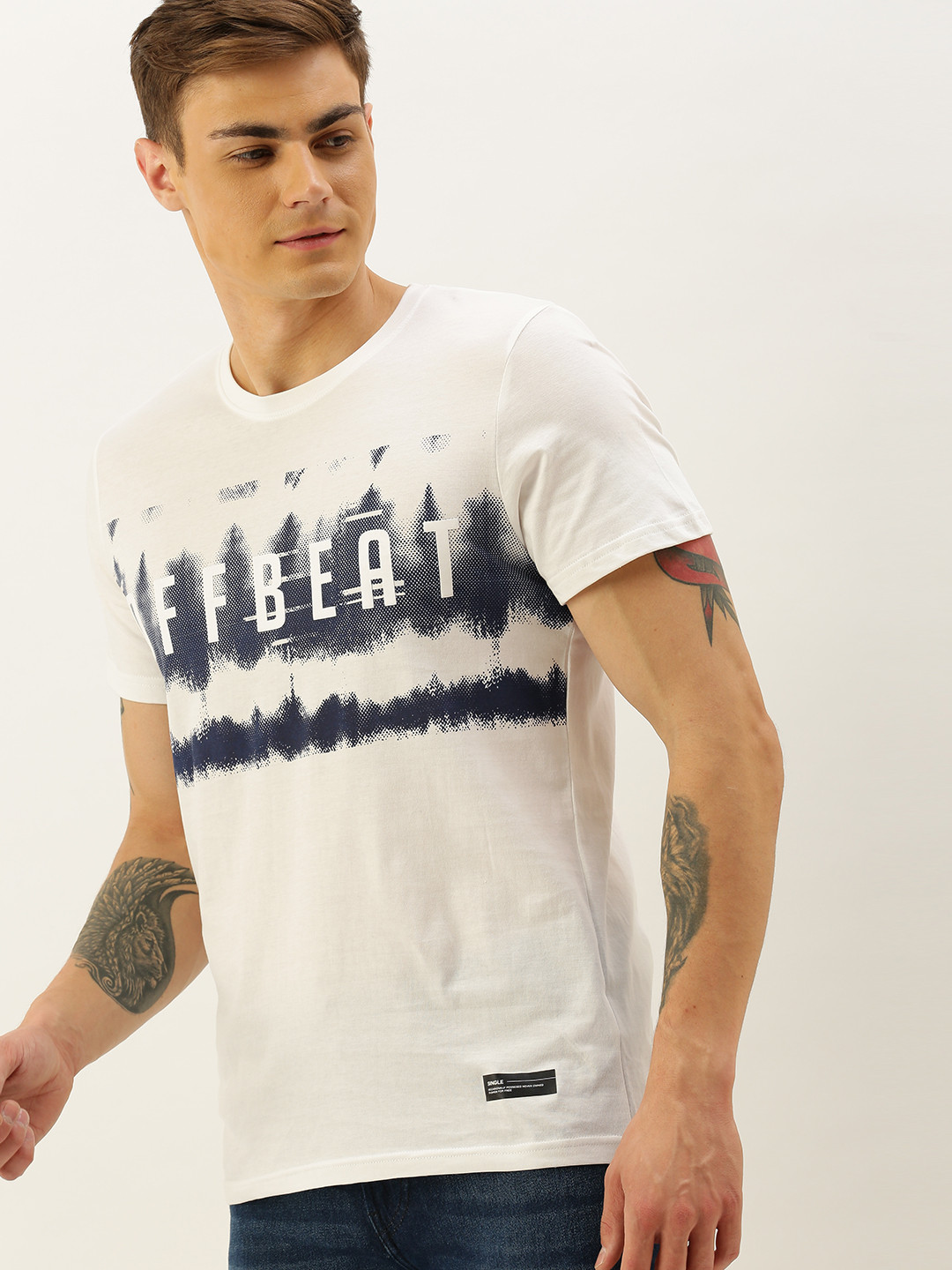 

SINGLE Men White Printed Round Neck Pure Cotton T-shirt
