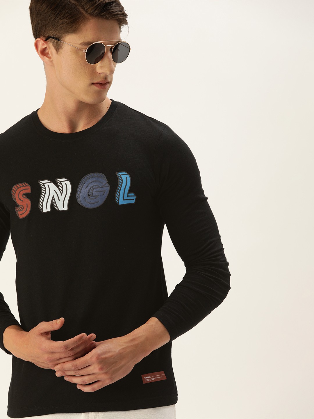

SINGLE Men Black Printed Round Neck Pure Cotton T-shirt