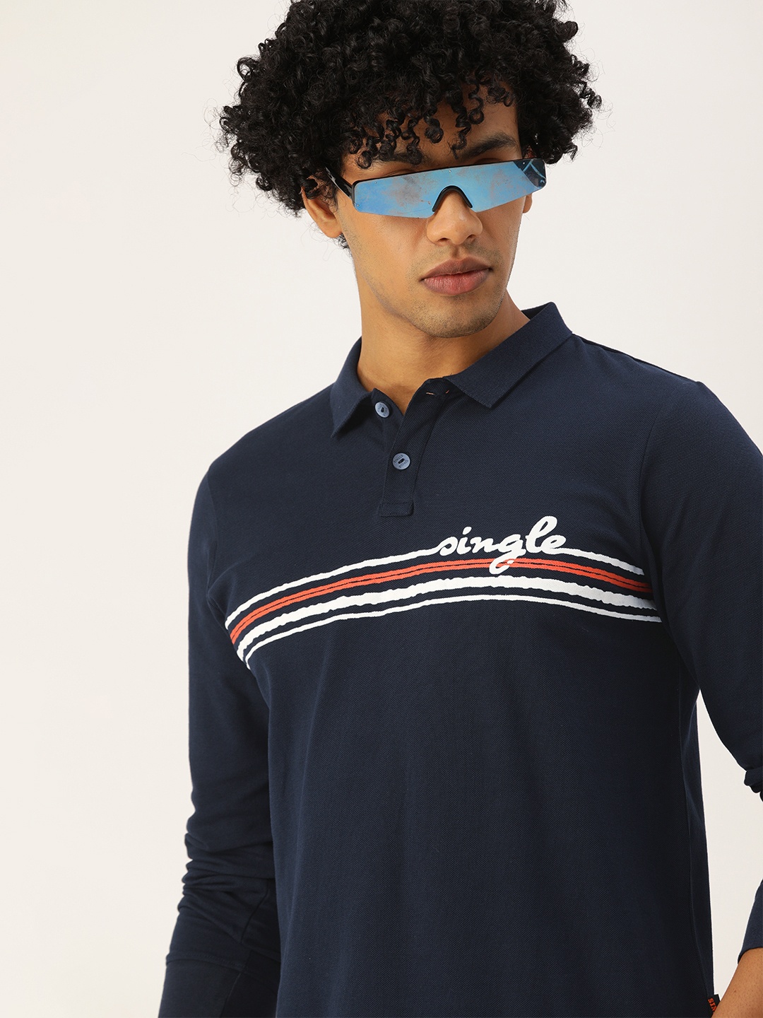 

SINGLE Men Navy Blue Cotton Striped Polo Collar Slim Fit T-shirt