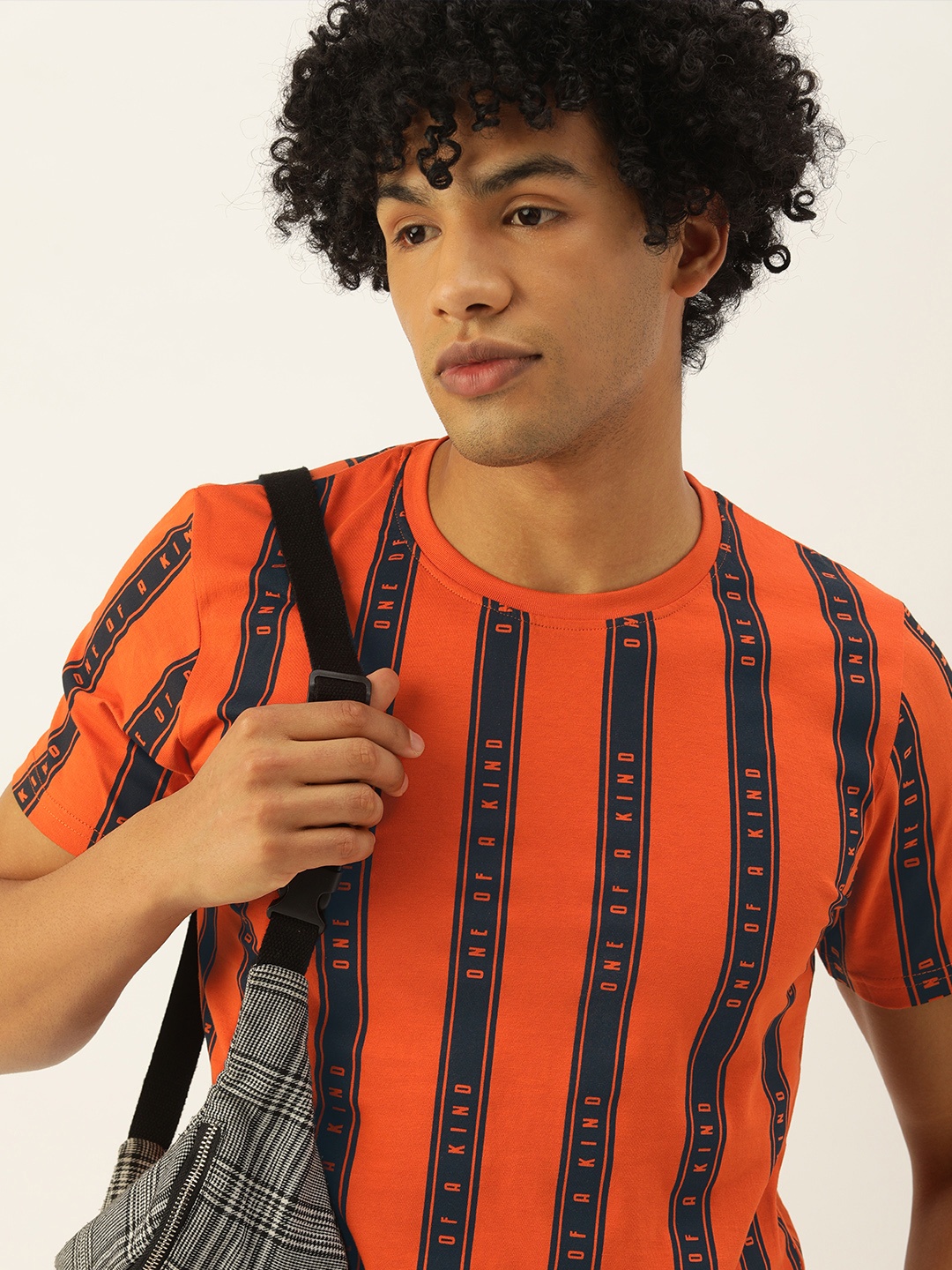 

SINGLE Men Rust Orange Navy Blue Striped Slim Fit Pure Cotton T-shirt